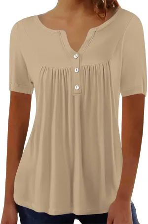 Tunic Tops for Women Loose Fit Dressy Short Sleeve Shirts Summer Casual Pleated Hide Belly Ruffled Hem Blouse for Leggings