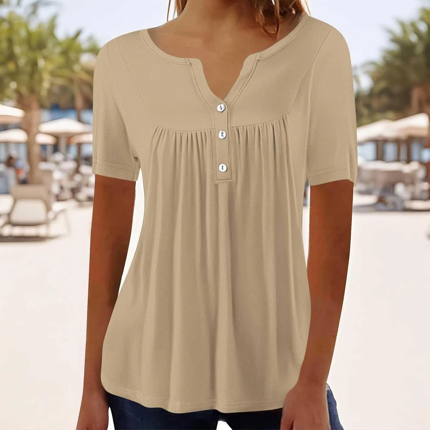 Tunic Tops for Women Loose Fit Dressy Short Sleeve Shirts Summer Casual Pleated Hide Belly Ruffled Hem Blouse for Leggings