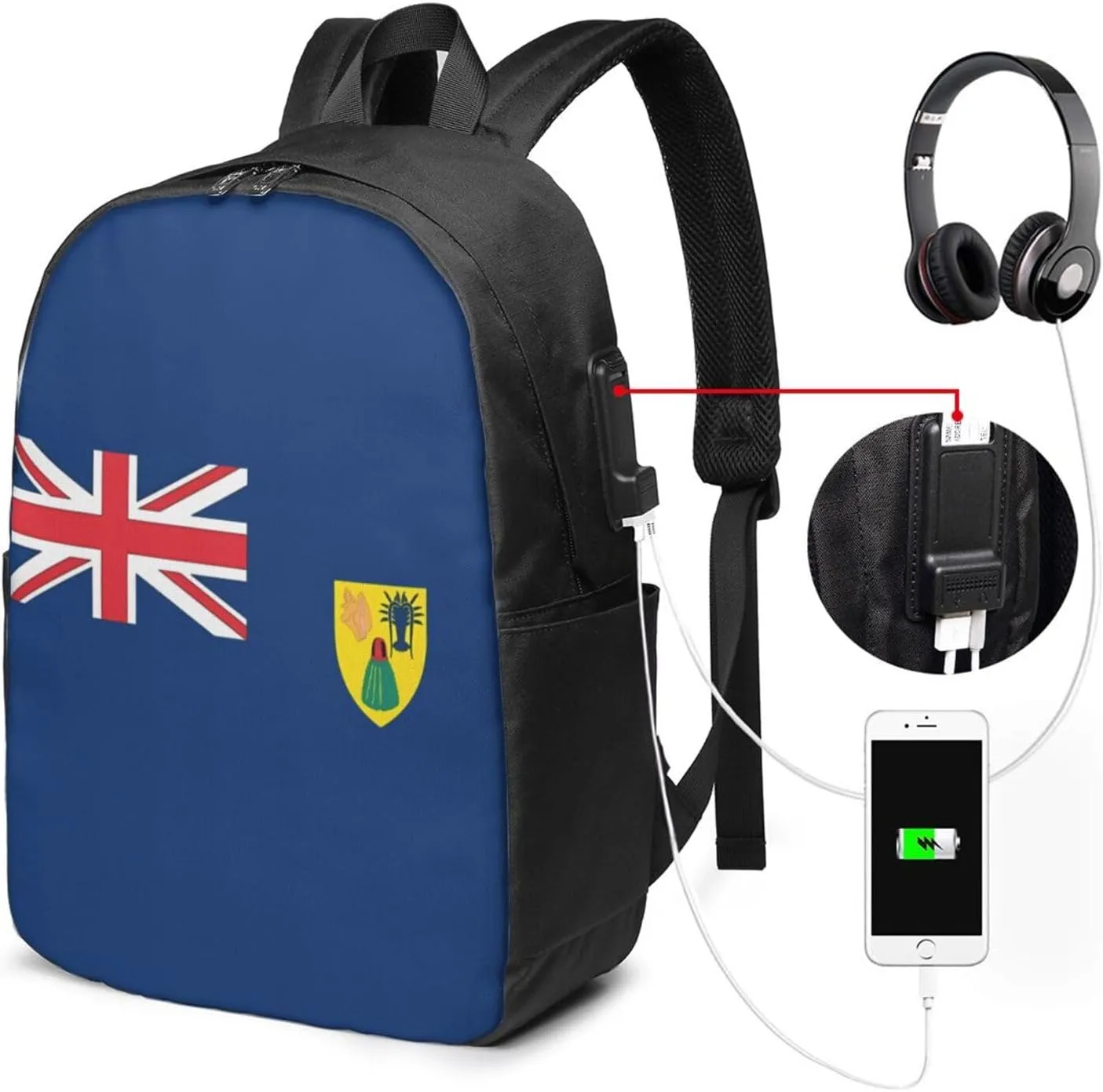 Turks Caicos Islands Flags Laptop Backpacks Travel Backpack Casual Business Daypack Sport Rucksack Computer Bag Fits up to 17 Inch Notebook with USB Port