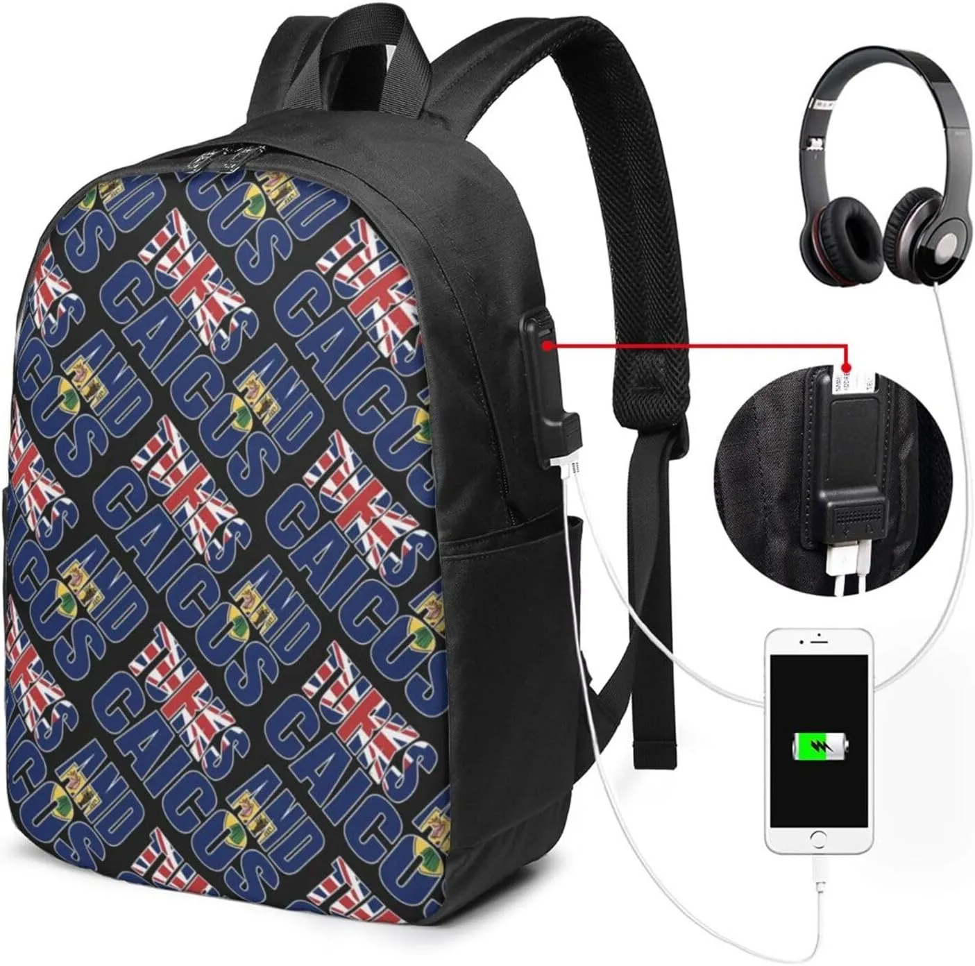 Turks Caicos Islands Flags Laptop Backpacks Travel Backpack Casual Business Daypack Sport Rucksack Computer Bag Fits up to 17 Inch Notebook with USB Port