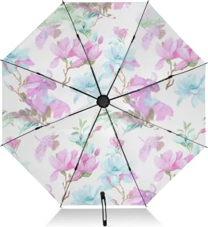 Umbrellas for Rain, Windproof Umbrellas for Rain Compact, Ideal for Car, Purse, Men and Women, Blue Pink Magnolia Flowers