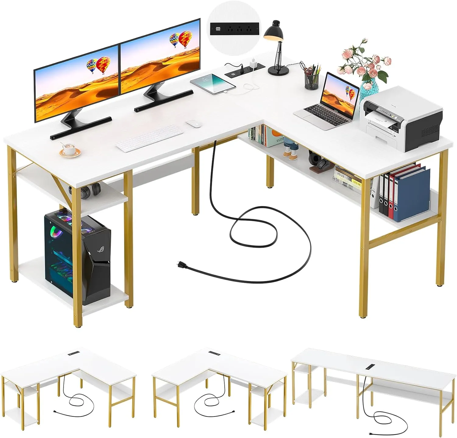 Unikito Reversible L Shaped Desk with Magic Power Outlets and USB Charging Ports, Sturdy Corner Computer Desk with Storage Shelves, Gaming Table Home Office Desk, Easy to Assemble, Enoch Walnut