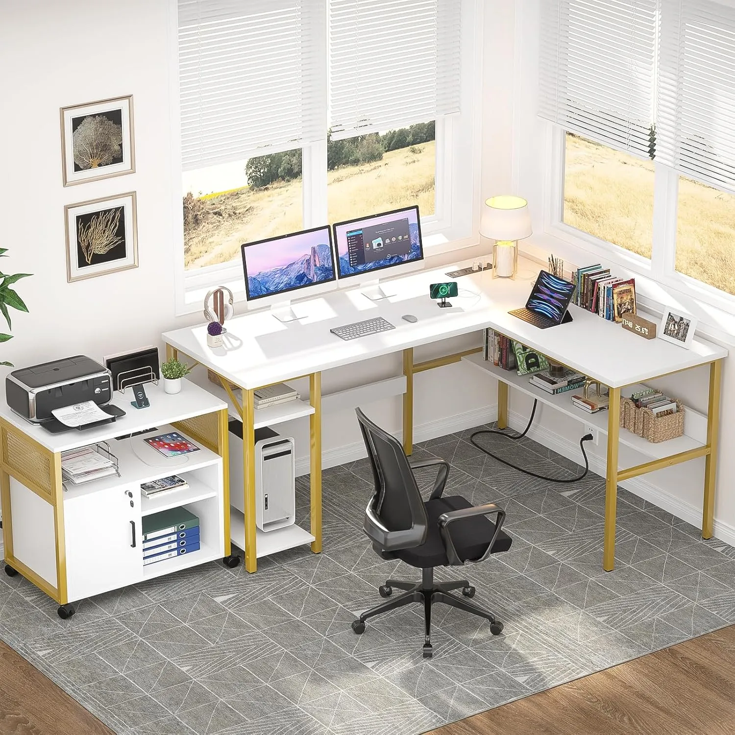 Unikito Reversible L Shaped Desk with Magic Power Outlets and USB Charging Ports, Sturdy Corner Computer Desk with Storage Shelves, Gaming Table Home Office Desk, Easy to Assemble, Enoch Walnut