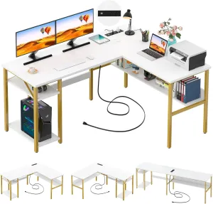 Unikito Reversible L Shaped Desk with Magic Power Outlets and USB Charging Ports, Sturdy Corner Computer Desk with Storage Shelves, Gaming Table Home Office Desk, Easy to Assemble, Enoch Walnut