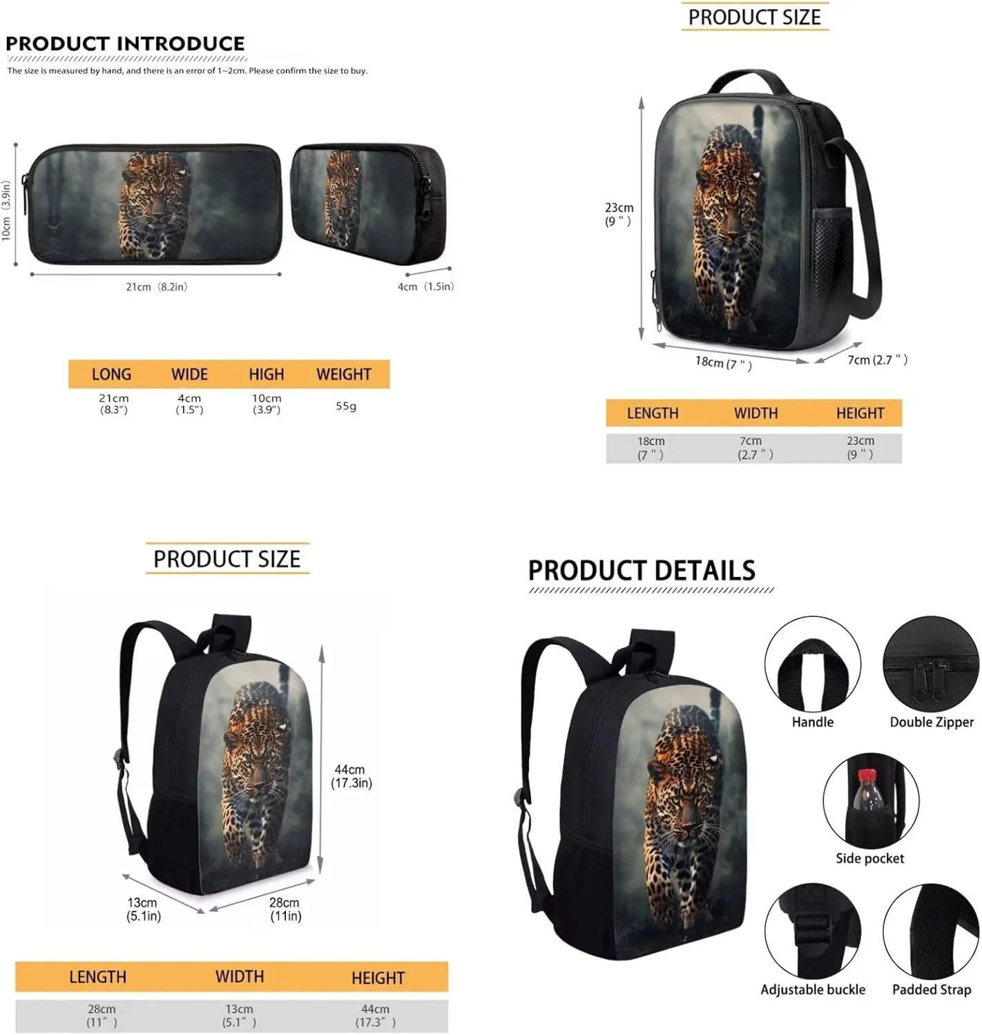 Uourmeti Cool Cheetah Backpack and Lunchbox Pencil Case Set for Girls Kindergarten Elementary School Bookbags and Lunch Box Set for Teens Personalized Schoolbags Kids Book Bags 3 Pcs