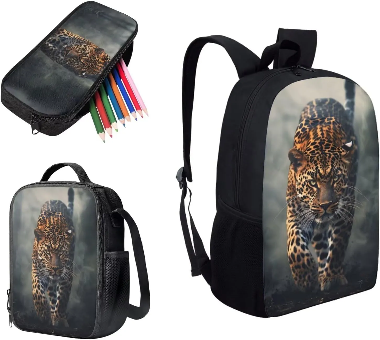 Uourmeti Cool Cheetah Backpack and Lunchbox Pencil Case Set for Girls Kindergarten Elementary School Bookbags and Lunch Box Set for Teens Personalized Schoolbags Kids Book Bags 3 Pcs