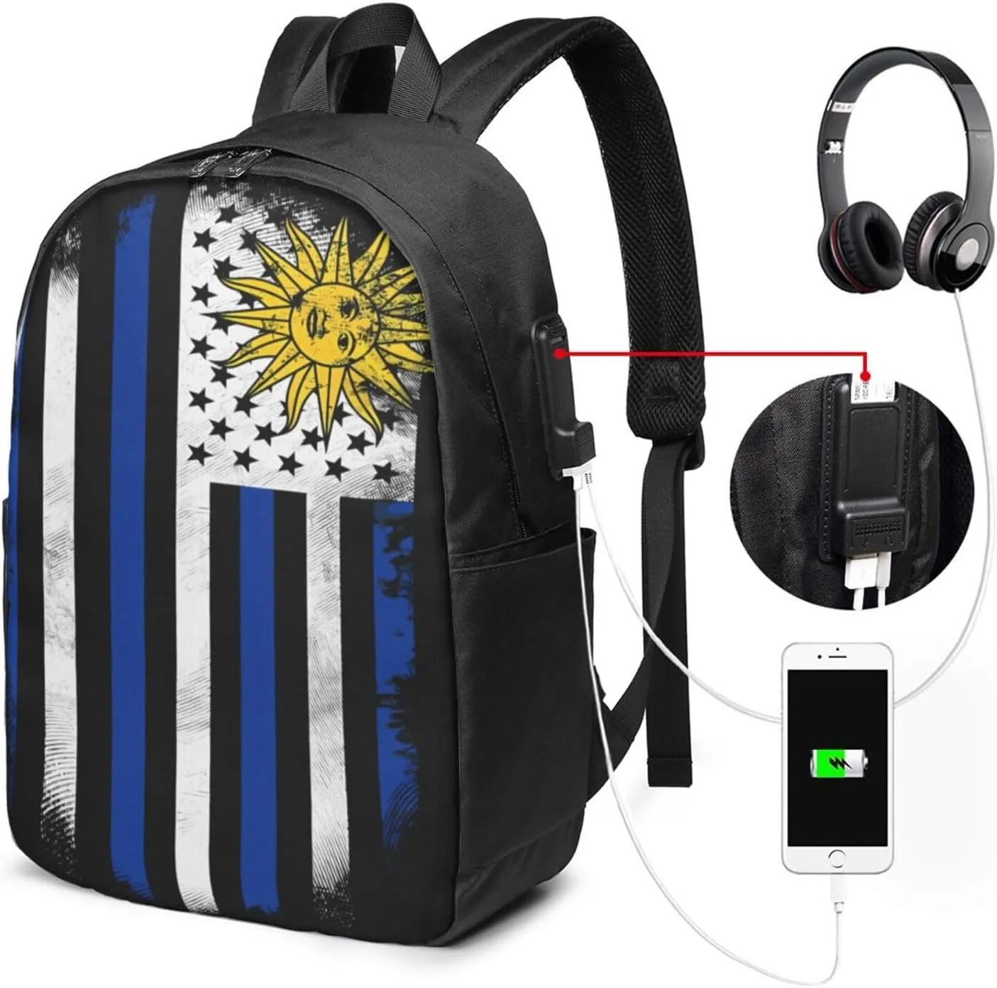 Uruguay Uruguayan American Flag Laptop Backpacks Travel Backpack Casual Business Daypack Sport Rucksack Computer Bag Fits up to 17 Inch Notebook with USB Port