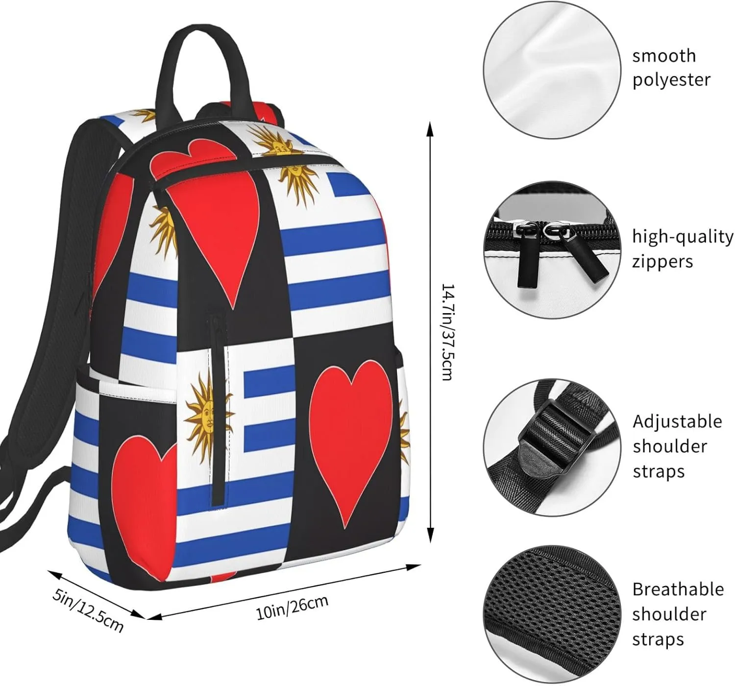Uruguay Uruguayan Flag Red Heart Casual Laptop Backpack Travel Rucksack Sports Daypack Adjustable Strap Bags with Multi-Pockets for Working Running Camping