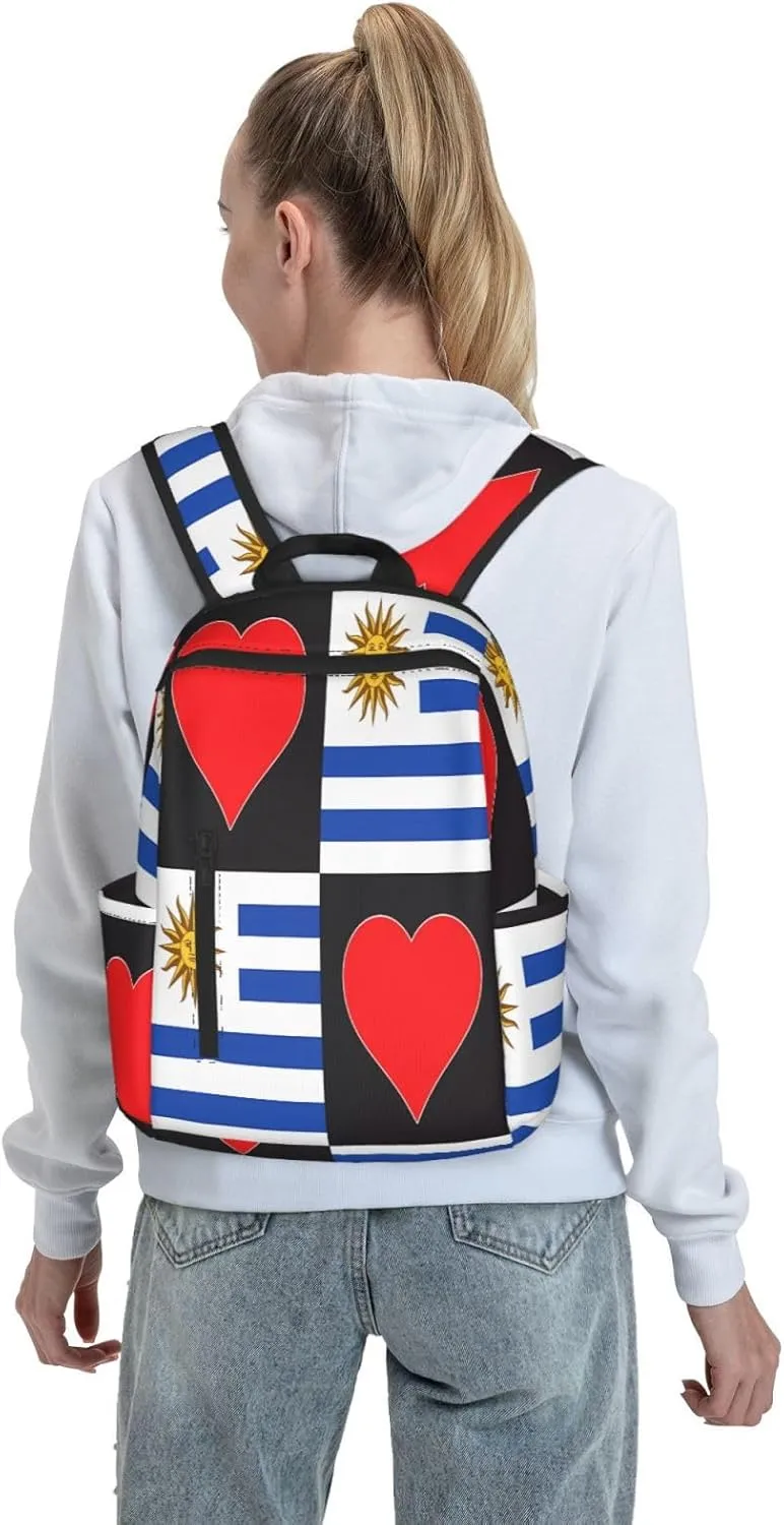 Uruguay Uruguayan Flag Red Heart Casual Laptop Backpack Travel Rucksack Sports Daypack Adjustable Strap Bags with Multi-Pockets for Working Running Camping