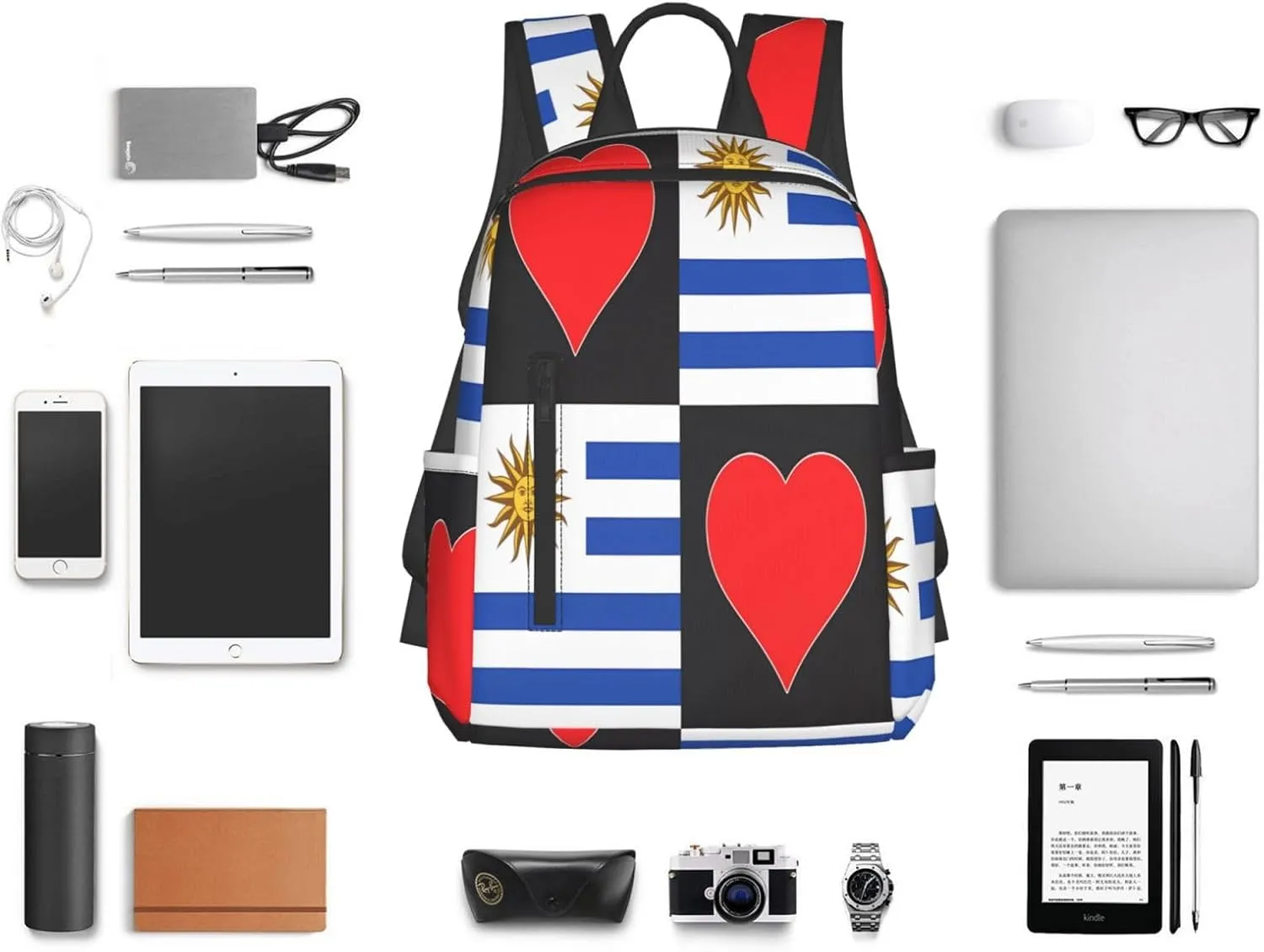Uruguay Uruguayan Flag Red Heart Casual Laptop Backpack Travel Rucksack Sports Daypack Adjustable Strap Bags with Multi-Pockets for Working Running Camping