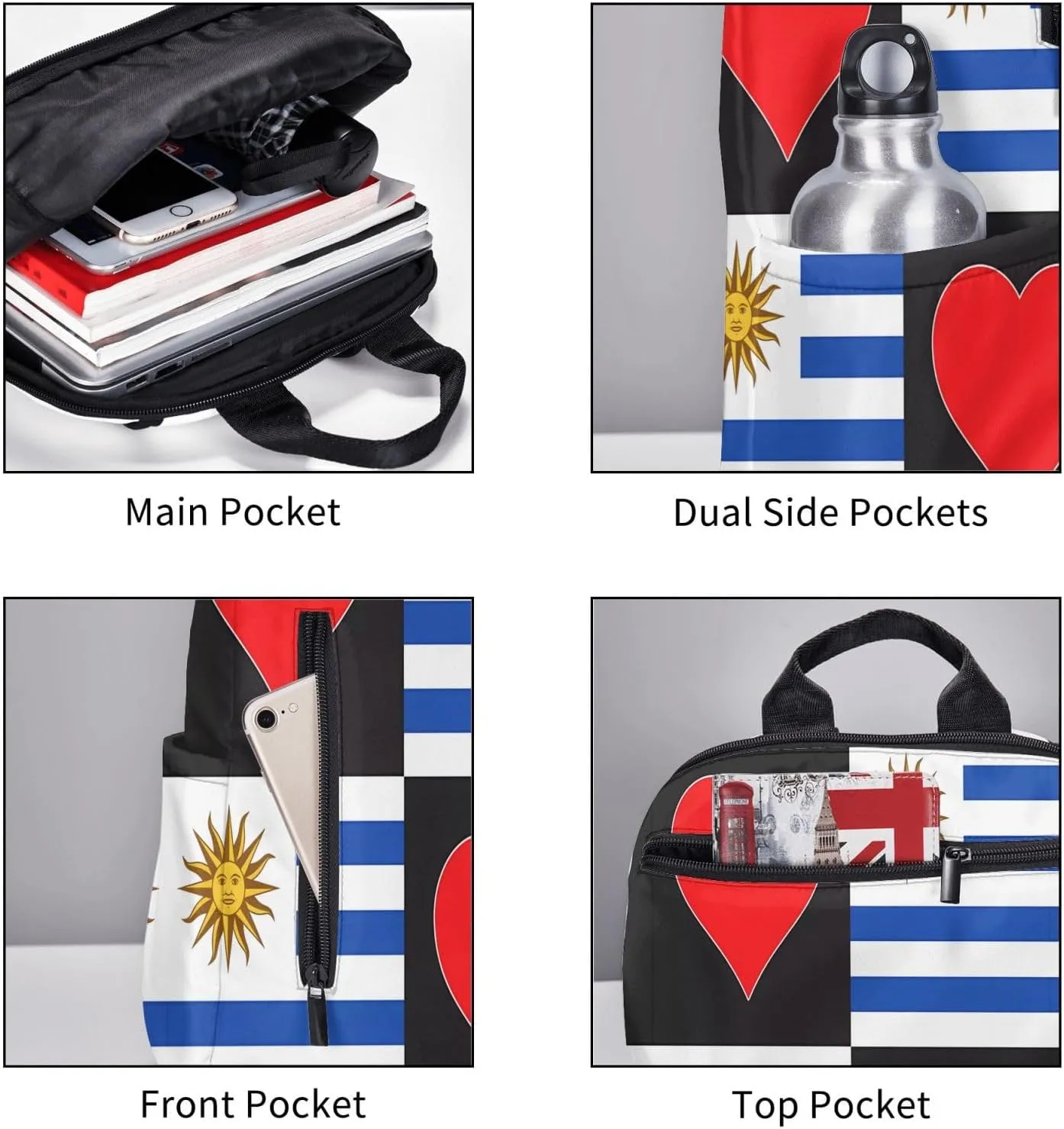 Uruguay Uruguayan Flag Red Heart Casual Laptop Backpack Travel Rucksack Sports Daypack Adjustable Strap Bags with Multi-Pockets for Working Running Camping