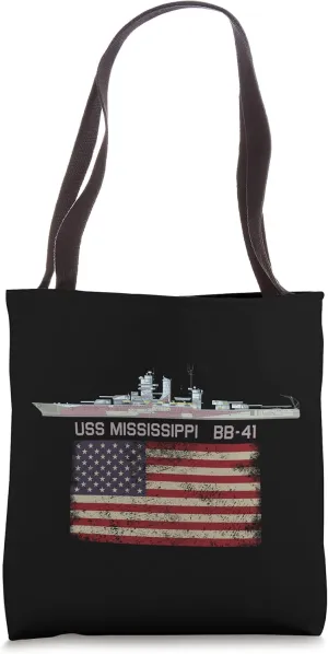 USS Mississippi BB-41 WW2 Battleship USA American Flag Tote Bag