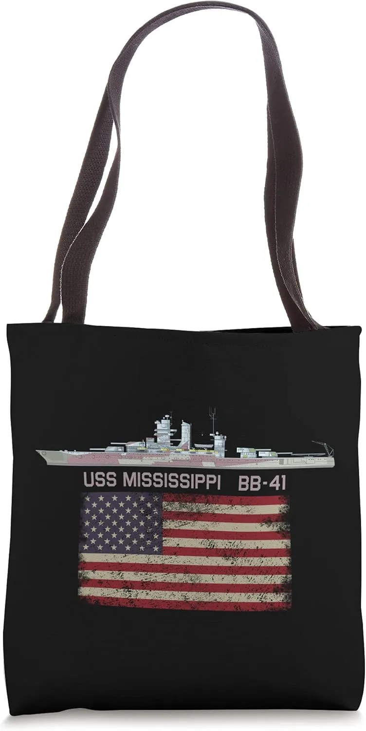 USS Mississippi BB-41 WW2 Battleship USA American Flag Tote Bag