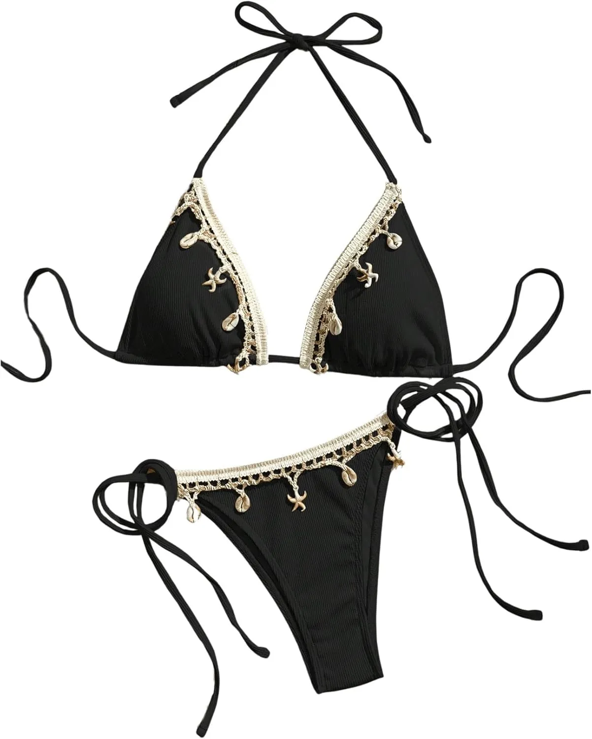 Verdusa Women's Sexy Halter Triangle Tie Side Bikini Set Ribbed Swimsuits 2 Piece Bathing Suit