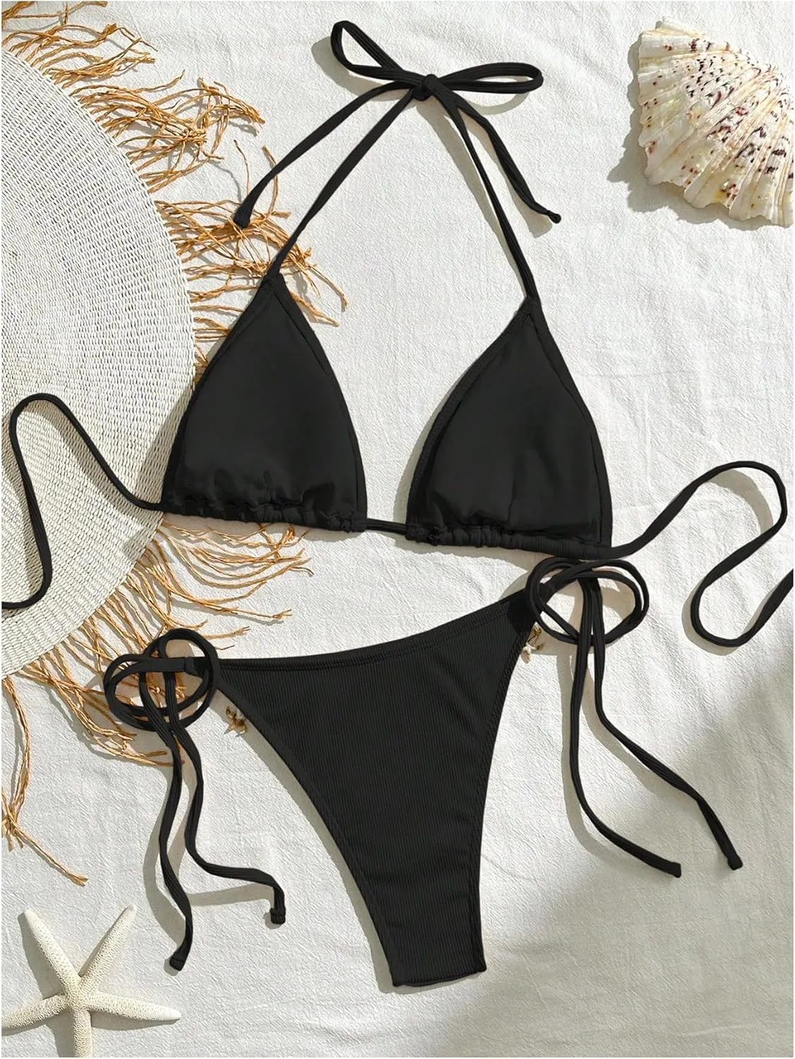 Verdusa Women's Sexy Halter Triangle Tie Side Bikini Set Ribbed Swimsuits 2 Piece Bathing Suit