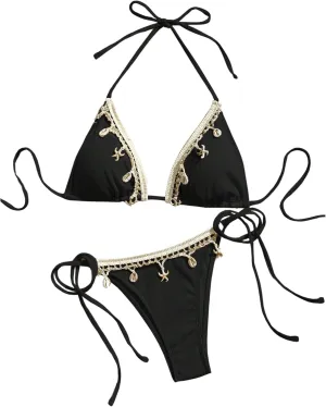 Verdusa Women's Sexy Halter Triangle Tie Side Bikini Set Ribbed Swimsuits 2 Piece Bathing Suit