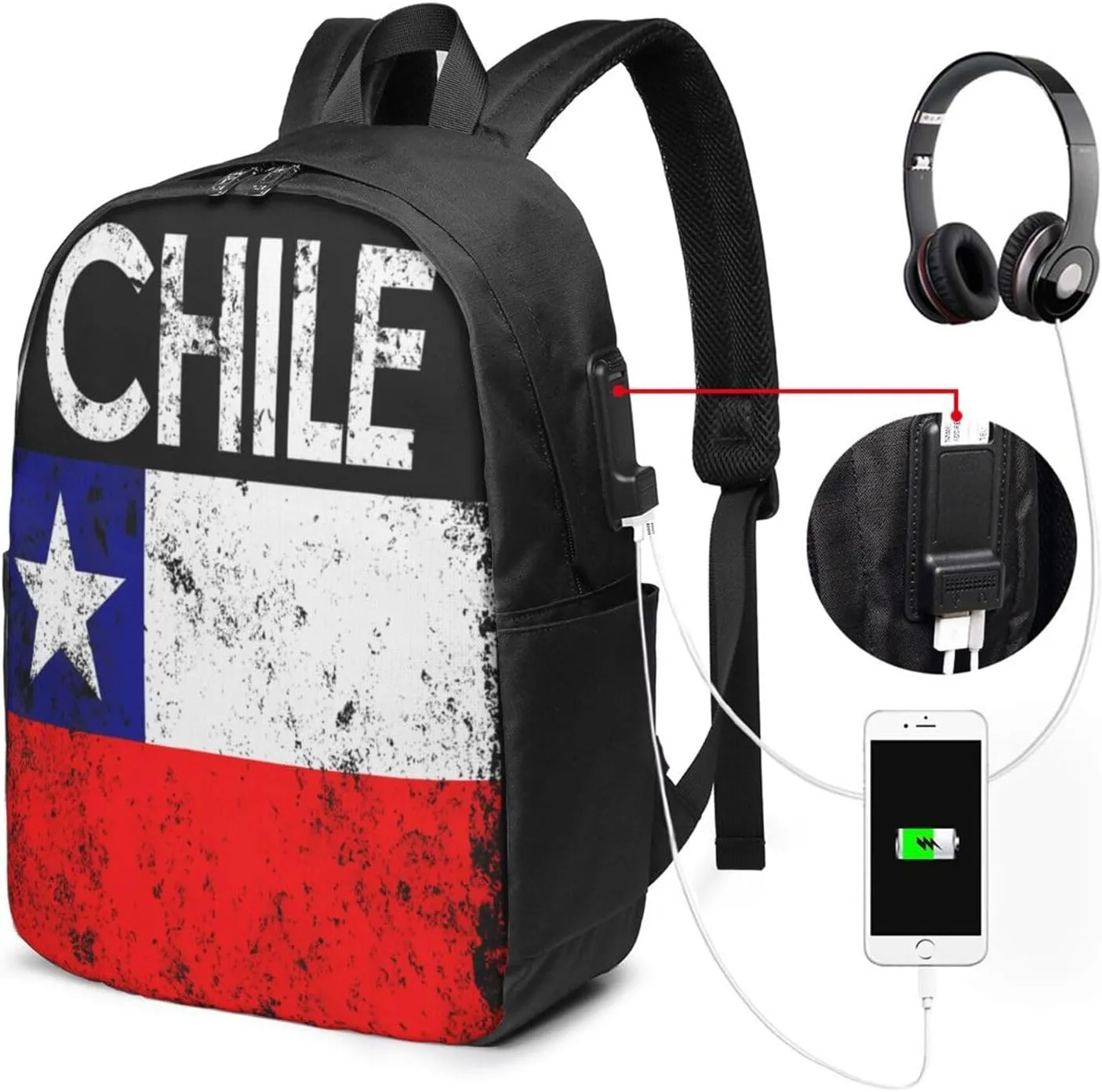 Vintage Chile Chilean Flags Laptop Backpacks Travel Backpack Casual Business Daypack Sport Rucksack Computer Bag Fits up to 17 Inch Notebook with USB Port