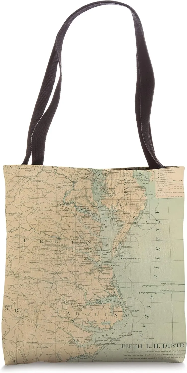Vintage Outer Banks & Chesapeake Bay Lighthouse Map Tote Bag