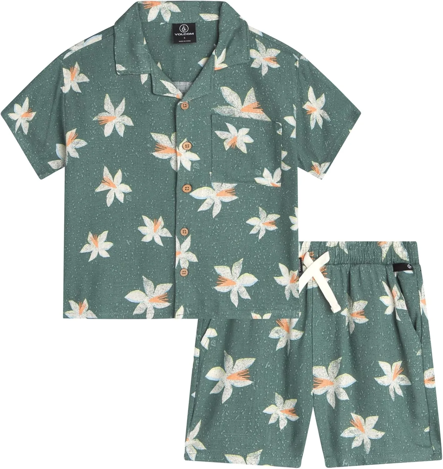 Volcom Boys' Cabana Set - 2 Piece Hawaiian Short Set Button Down Shirt and Shorts - Summer Beach Outfit for Boys (Size 2T-7)