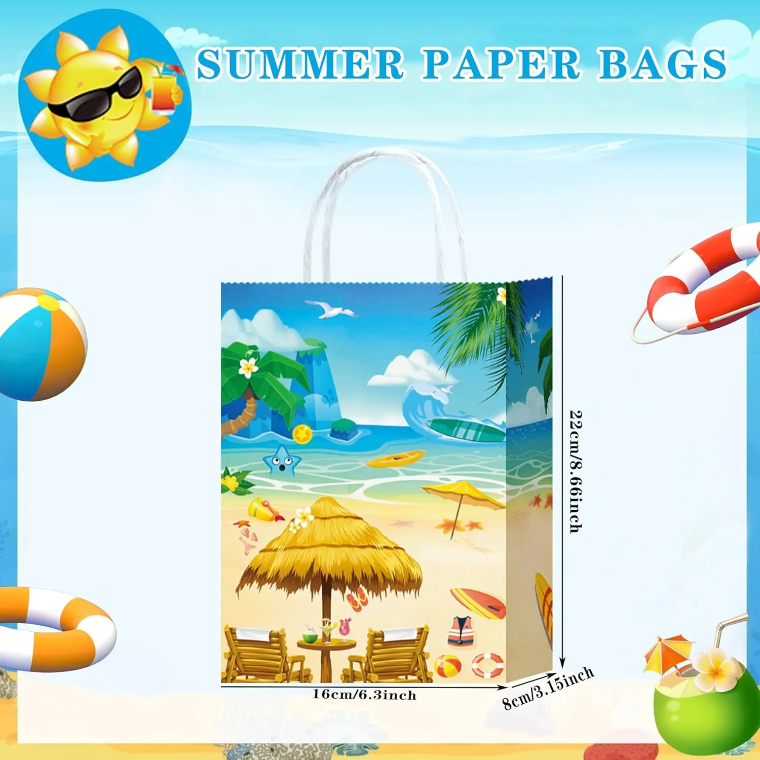 W WINTMING 16PCS Summer Gift Bags Beach Party Paper Bags with Handles Pool Party Favors Bags Goodie Candy Bags Treat Bags for Birthday Tropical Hawaiian Party Supplies