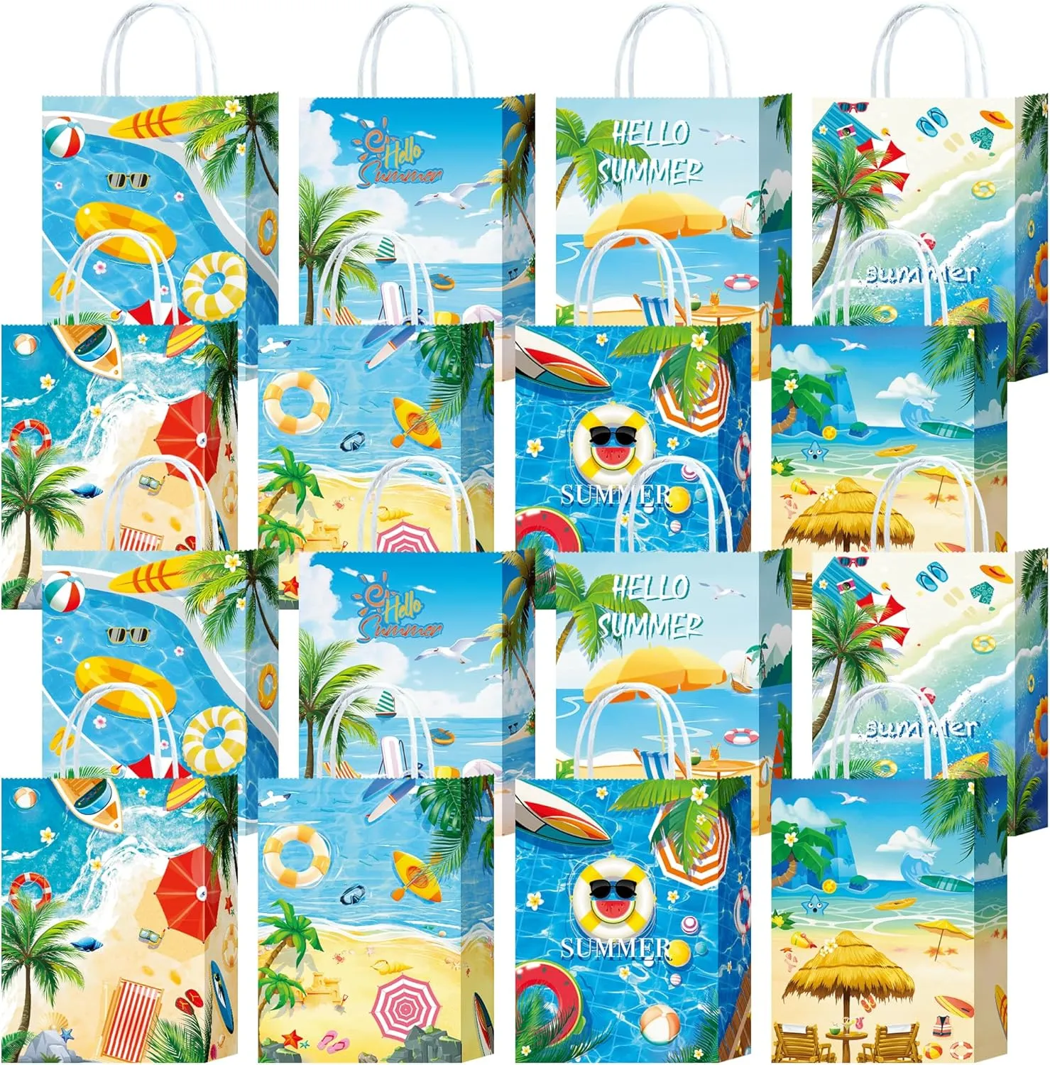 W WINTMING 16PCS Summer Gift Bags Beach Party Paper Bags with Handles Pool Party Favors Bags Goodie Candy Bags Treat Bags for Birthday Tropical Hawaiian Party Supplies