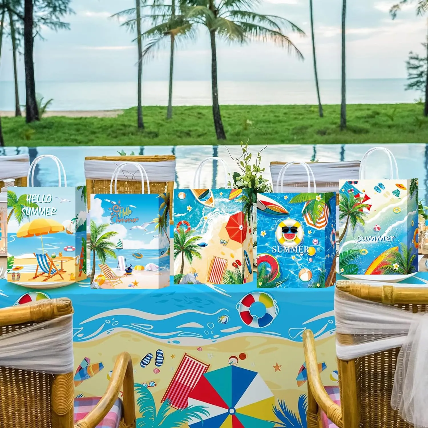 W WINTMING 16PCS Summer Gift Bags Beach Party Paper Bags with Handles Pool Party Favors Bags Goodie Candy Bags Treat Bags for Birthday Tropical Hawaiian Party Supplies