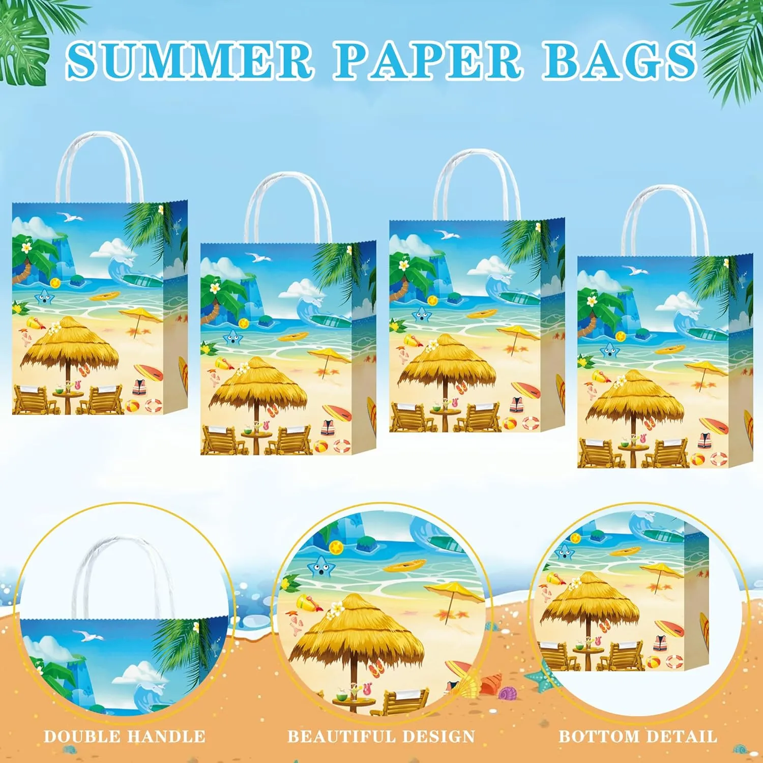 W WINTMING 16PCS Summer Gift Bags Beach Party Paper Bags with Handles Pool Party Favors Bags Goodie Candy Bags Treat Bags for Birthday Tropical Hawaiian Party Supplies