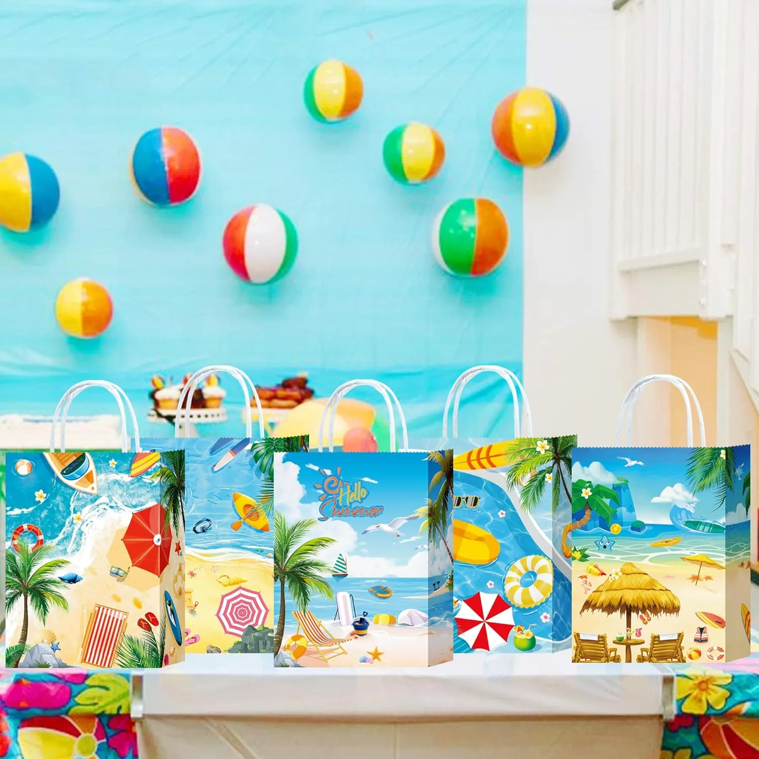 W WINTMING 16PCS Summer Gift Bags Beach Party Paper Bags with Handles Pool Party Favors Bags Goodie Candy Bags Treat Bags for Birthday Tropical Hawaiian Party Supplies