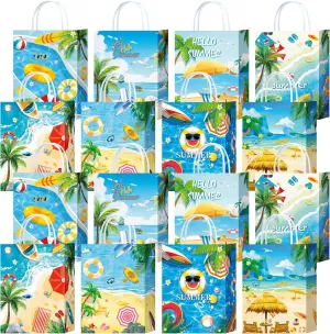 W WINTMING 16PCS Summer Gift Bags Beach Party Paper Bags with Handles Pool Party Favors Bags Goodie Candy Bags Treat Bags for Birthday Tropical Hawaiian Party Supplies