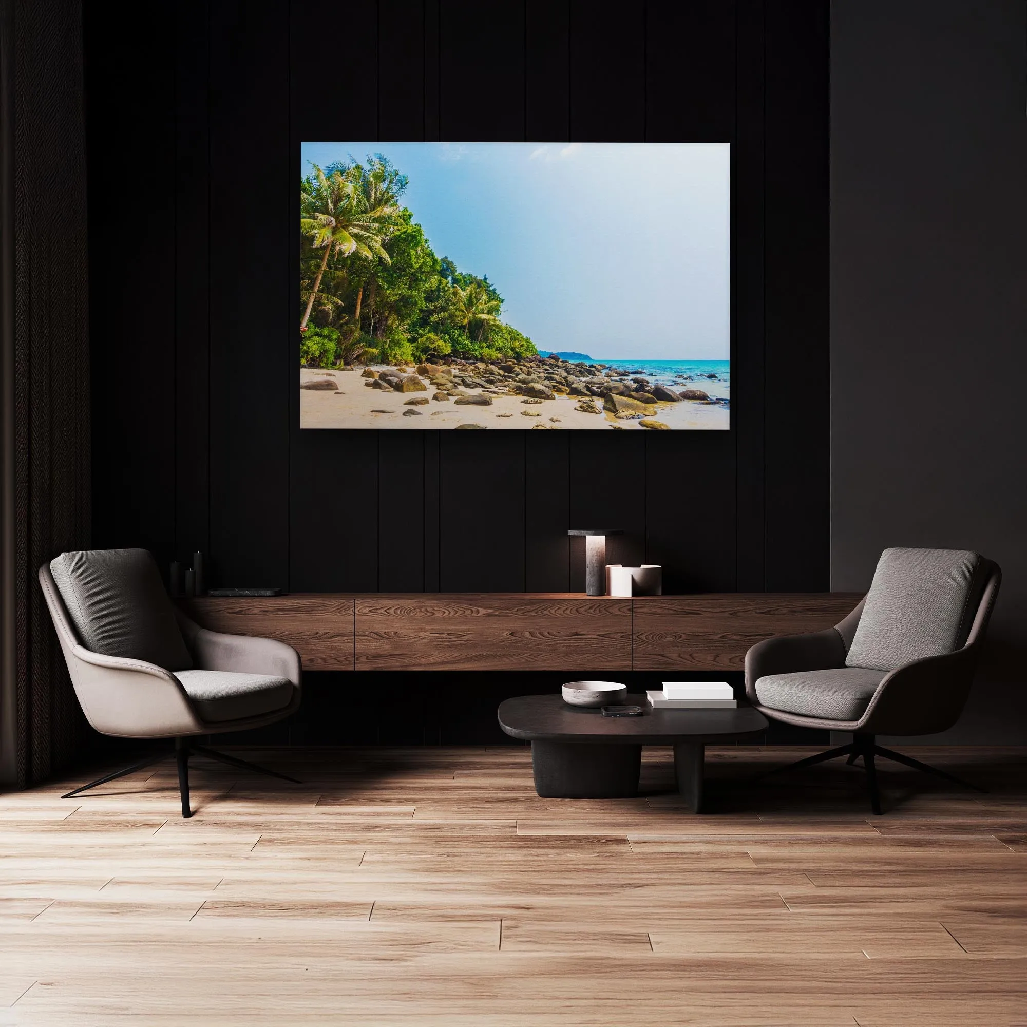 Wall Art Canvas - Rocky Shores Tropical Palms A Beach Of Stone And Greenery