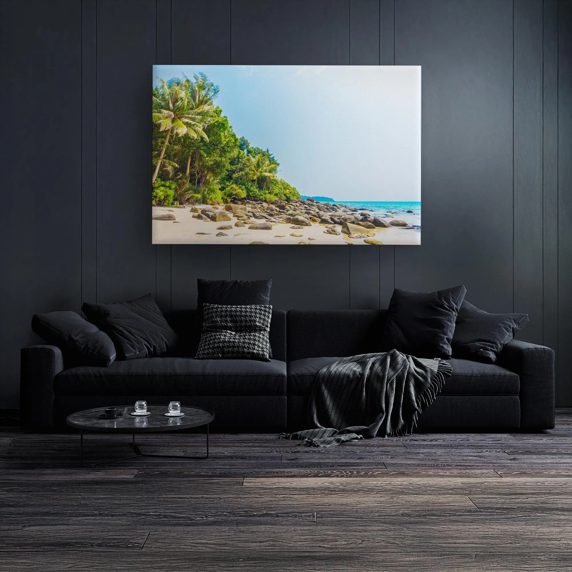 Wall Art Canvas - Rocky Shores Tropical Palms A Beach Of Stone And Greenery
