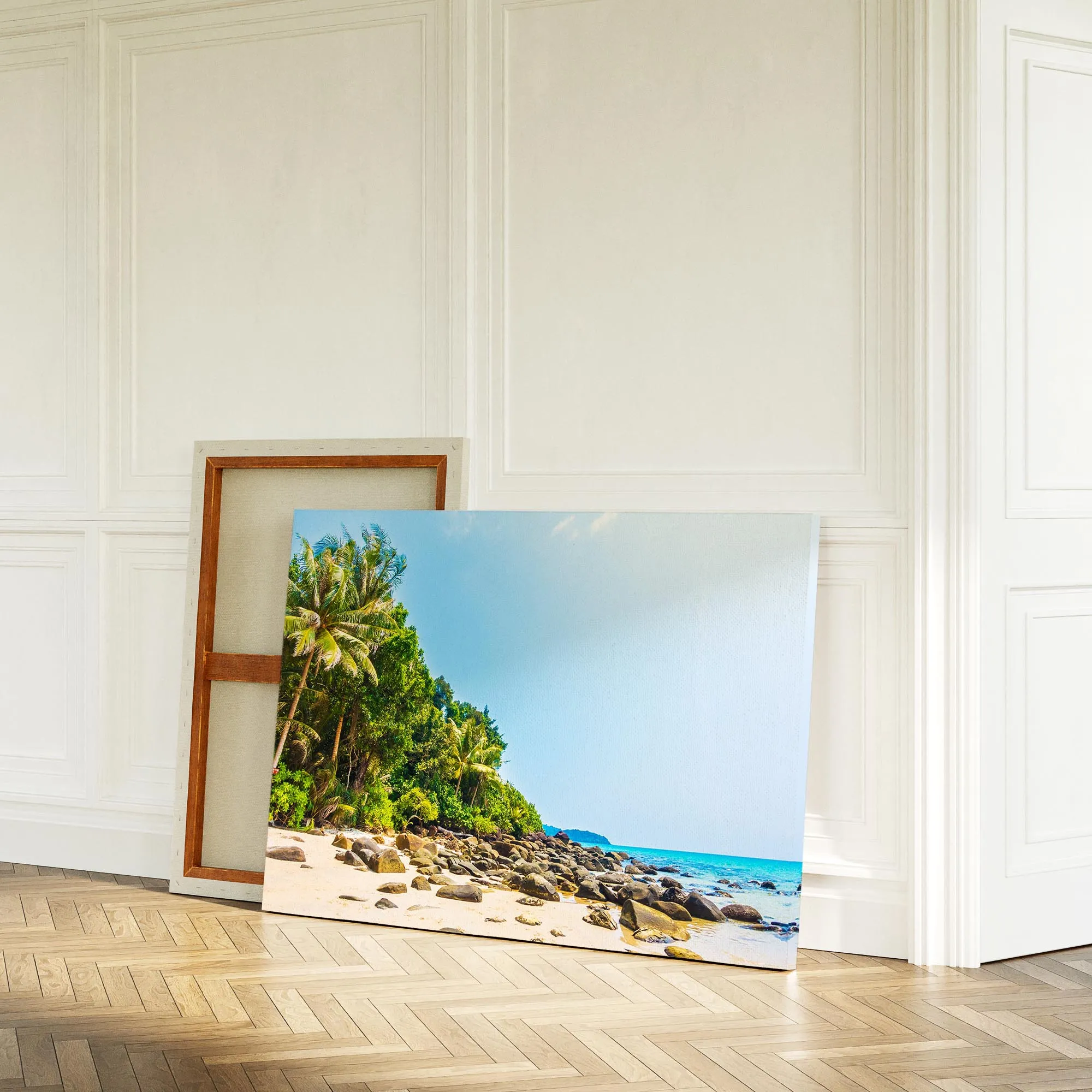 Wall Art Canvas - Rocky Shores Tropical Palms A Beach Of Stone And Greenery