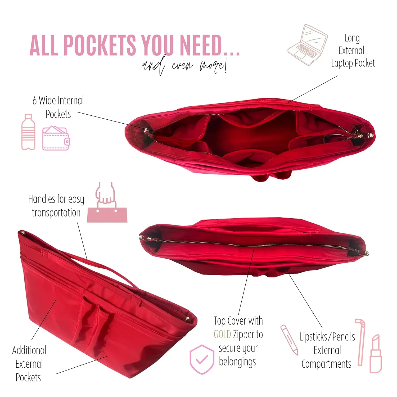 Waterproof Nylon Purse Organizer for Neverfull MM with zipper, Lv Neverfull Bag Organizer MM Nylon, Neverfull GM Insert Handmade Snug Sturdy Gold Zipper (For Neverfull MM, Bubblegum)