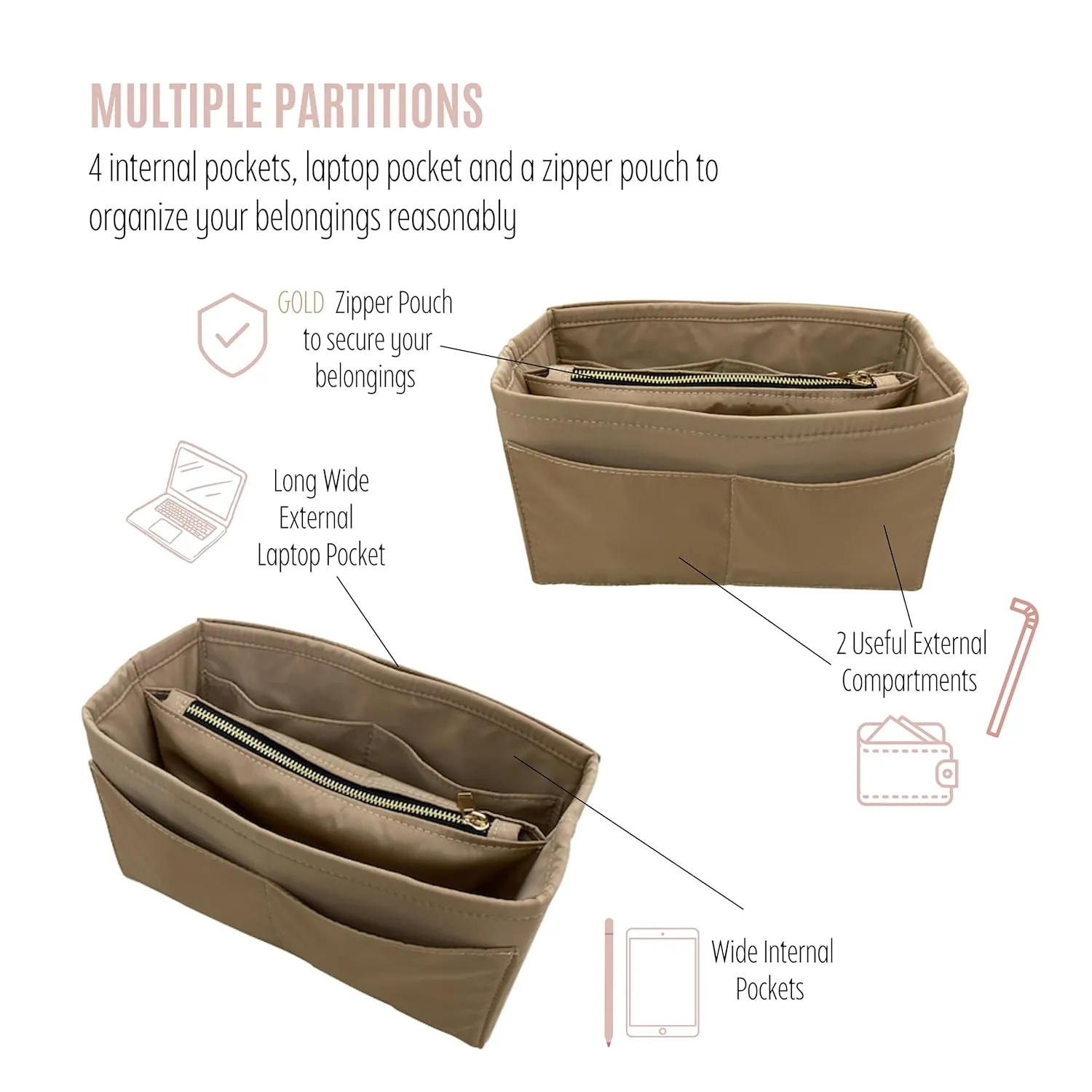 Waterproof Nylon Purse Organizer for Neverfull MM with zipper, Lv Neverfull Bag Organizer MM Nylon, Neverfull GM Insert Handmade Snug Sturdy Gold Zipper (For Neverfull MM, Cream)