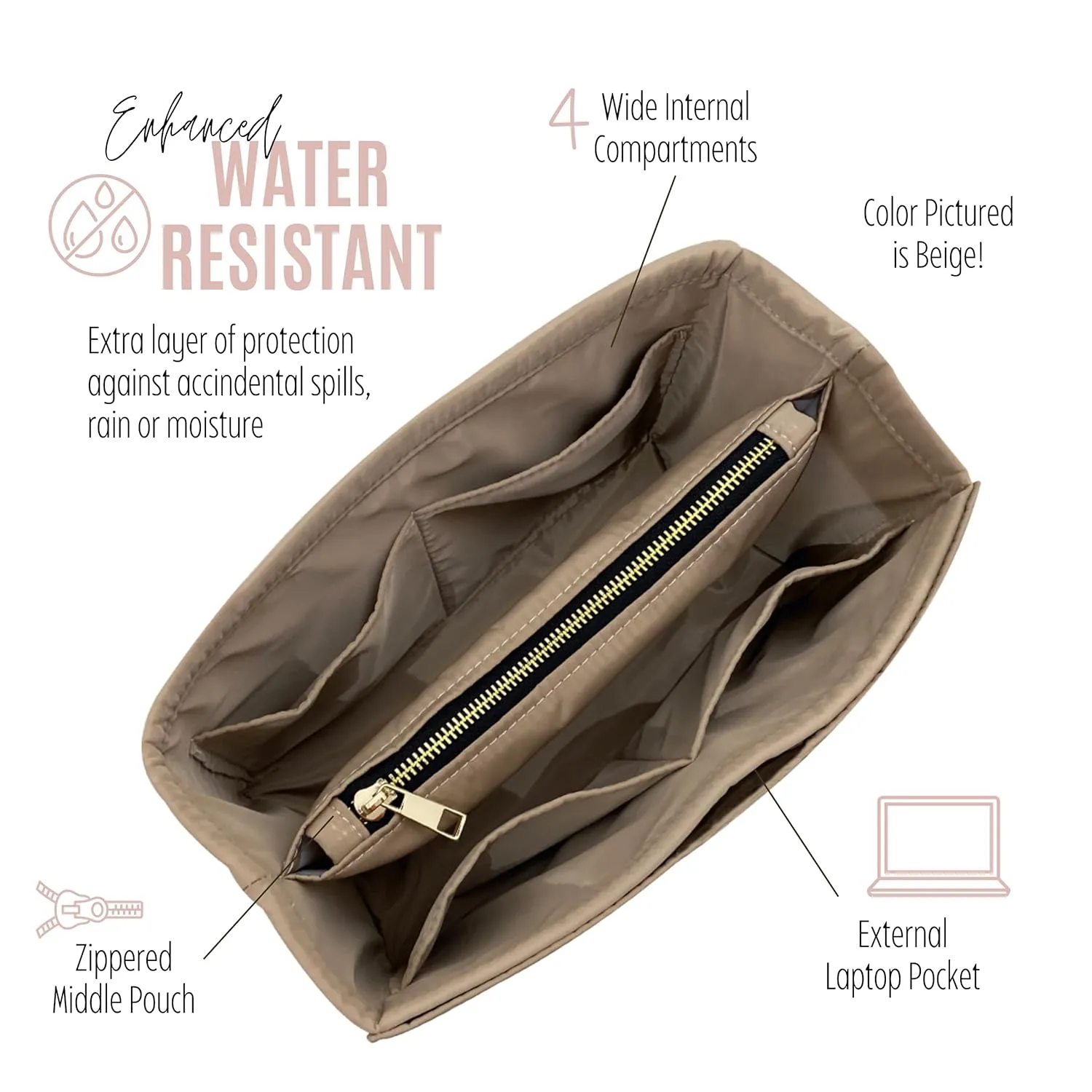 Waterproof Nylon Purse Organizer for Neverfull MM with zipper, Lv Neverfull Bag Organizer MM Nylon, Neverfull GM Insert Handmade Snug Sturdy Gold Zipper (For Neverfull MM, Cream)