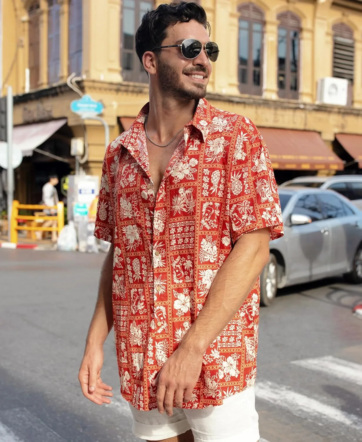 Weecreeture Men's Cotton Hawaiian Short Sleeve Button-Down Shirt, Tropical Floral Vintage Casual Summer Shirt