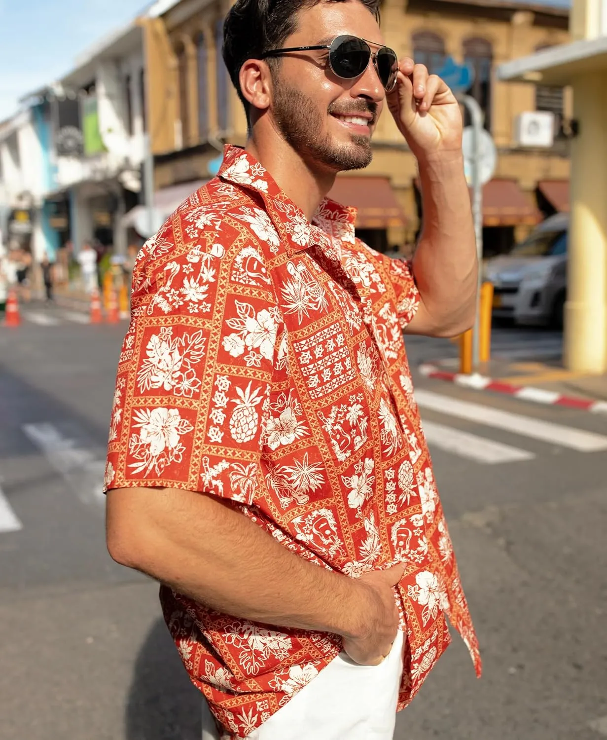 Weecreeture Men's Cotton Hawaiian Short Sleeve Button-Down Shirt, Tropical Floral Vintage Casual Summer Shirt