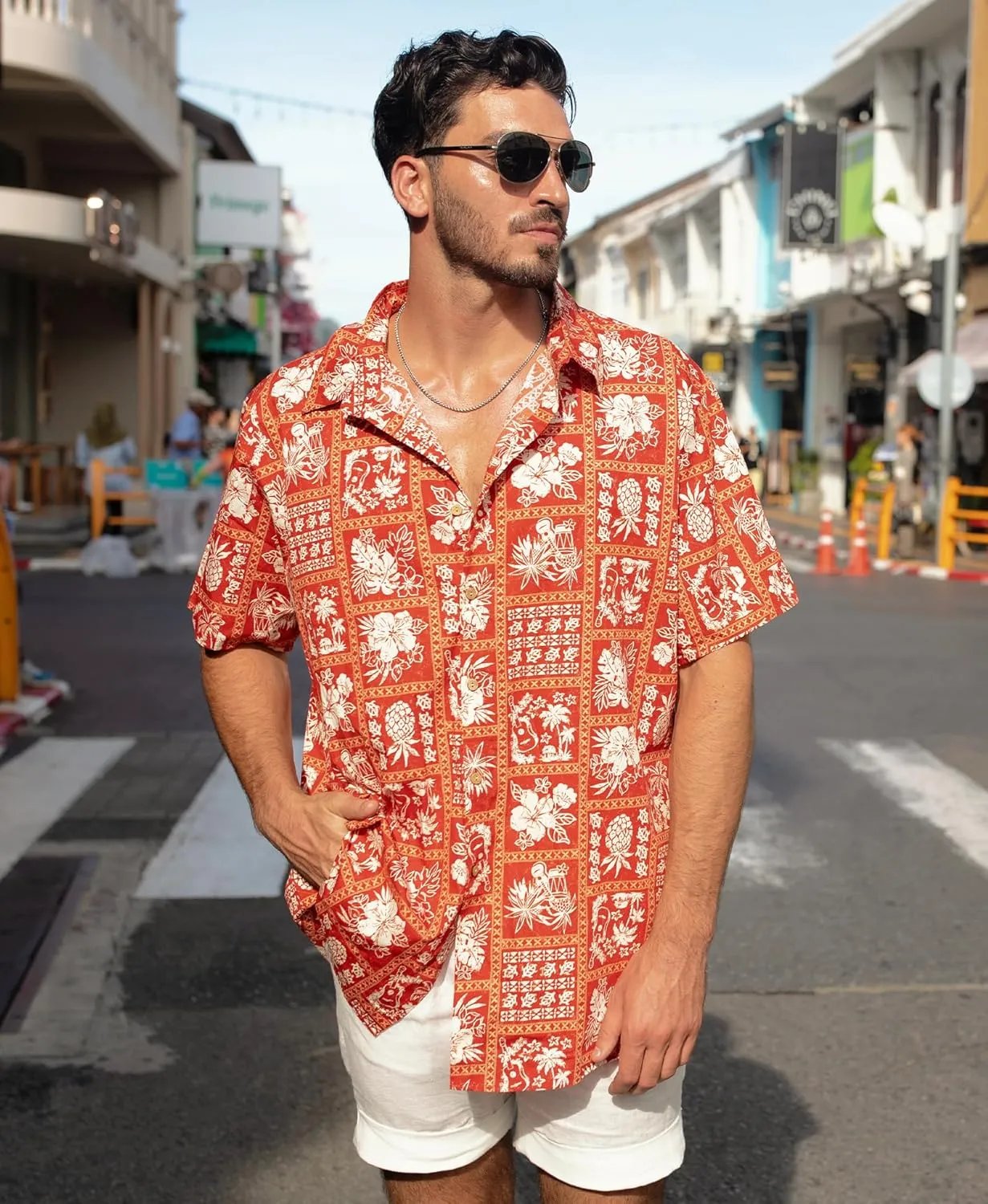 Weecreeture Men's Cotton Hawaiian Short Sleeve Button-Down Shirt, Tropical Floral Vintage Casual Summer Shirt