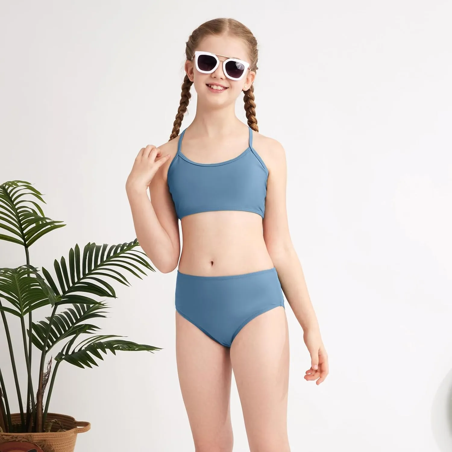 Weixinbuy Girls 3 Piece Swimsuit Bathing Suits Solid Bikini Set with Printed Sports Shorts Swimwear for 9-16Y Teen Girls