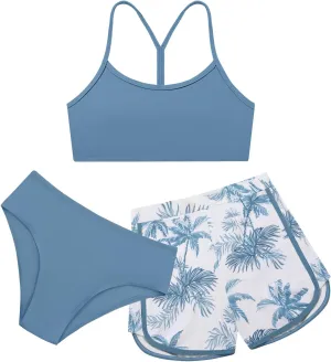 Weixinbuy Girls 3 Piece Swimsuit Bathing Suits Solid Bikini Set with Printed Sports Shorts Swimwear for 9-16Y Teen Girls