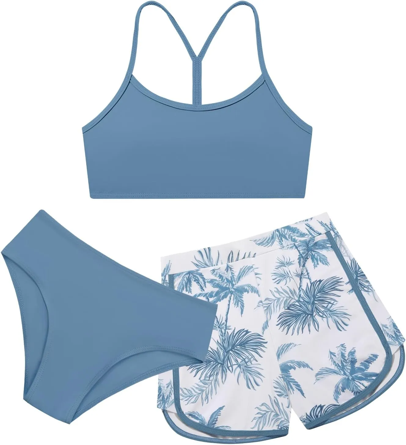 Weixinbuy Girls 3 Piece Swimsuit Bathing Suits Solid Bikini Set with Printed Sports Shorts Swimwear for 9-16Y Teen Girls