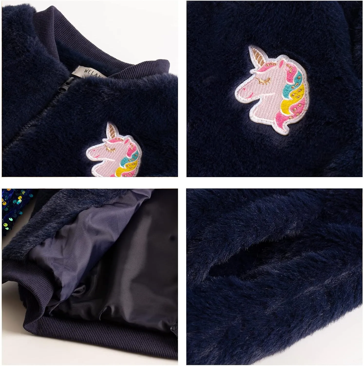 WELAKEN Girl’s Unicorn Fleece Full-zip Sequin Sleeves Jacket with Pocket for Toddler & Kids