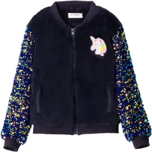 WELAKEN Girl’s Unicorn Fleece Full-zip Sequin Sleeves Jacket with Pocket for Toddler & Kids