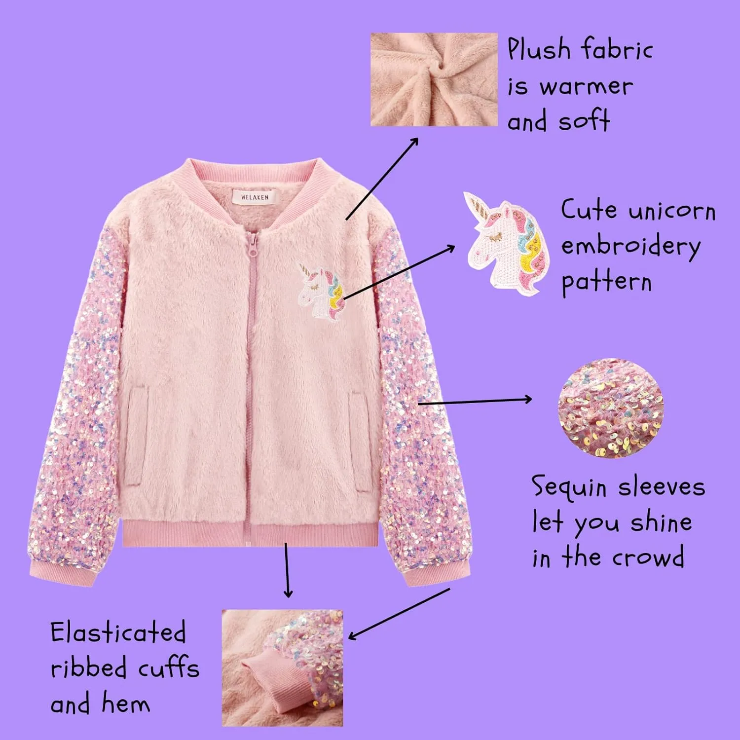 WELAKEN Girl’s Unicorn Fleece Full-zip Sequin Sleeves Jacket with Pocket for Toddler & Kids