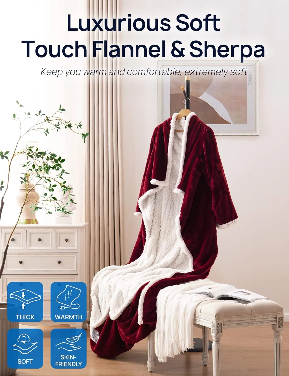 Westinghouse Christmas Electric Snuggle Throw Blankets with Foot Pocket, Wearable Heated Blanket with Sleeves, 6 Heating Levels & 2 to 10 Hours Heating Time Settings, 50 * 70" 18", Red