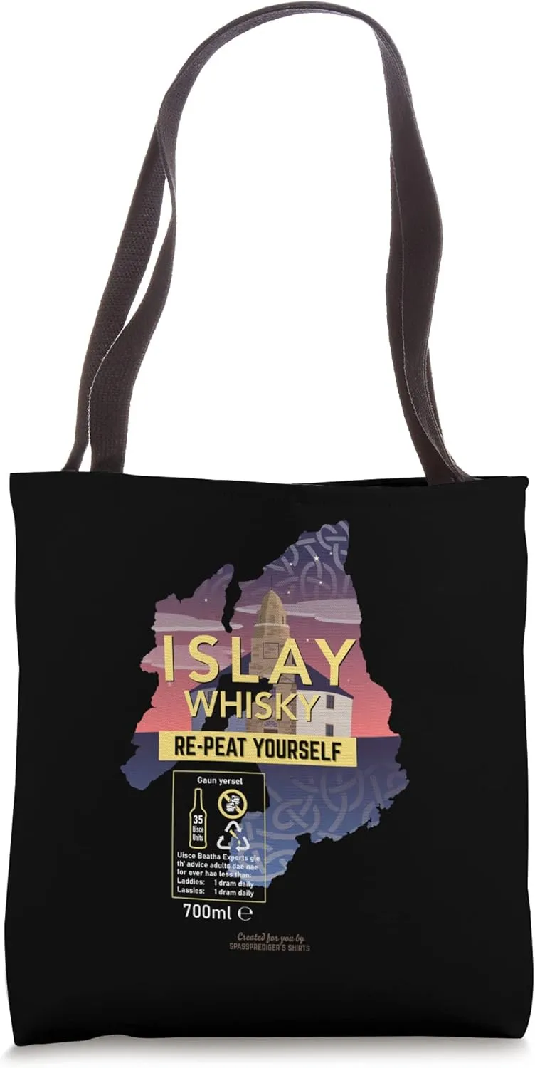 Whisky Slogan Re-Peat Yourself with Islay Single Malt Whisky Tote Bag