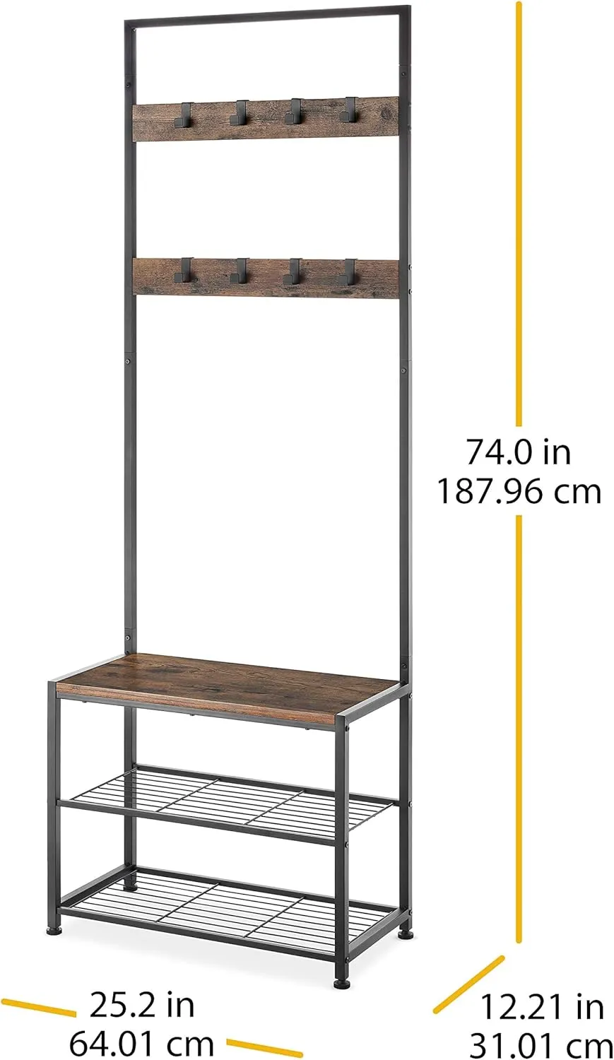 Whitmor Modern Industrial Entryway Coat Rack Hall Tree w/Shoe Storage, Rustic Brown