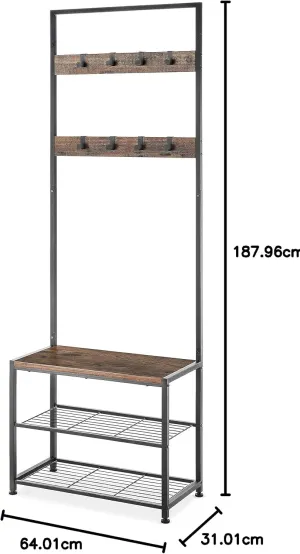Whitmor Modern Industrial Entryway Coat Rack Hall Tree w/Shoe Storage, Rustic Brown