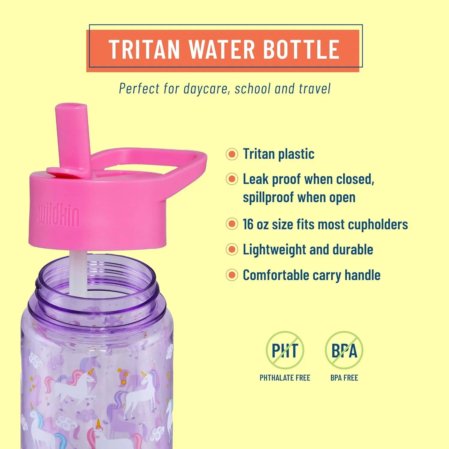 Wildkin Kids 16 oz Reusable BPA-Free Tritan Plastic Water Bottle with Leak Proof Lid for Boys & Girls, Durable and Easy to Clean Water Bottles for Toddlers - Unicorn