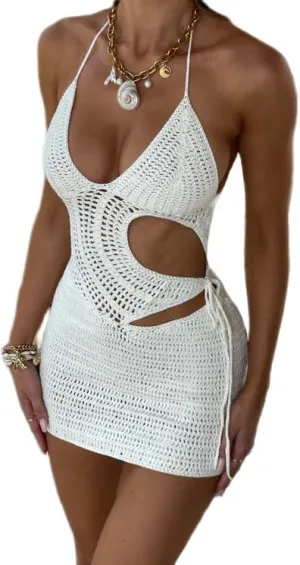 Women Backless Halter Beach Mini Dress Cut Out Tie Back Boho Crochet Dresses Swim Cover Up Bodycon Short Dress
